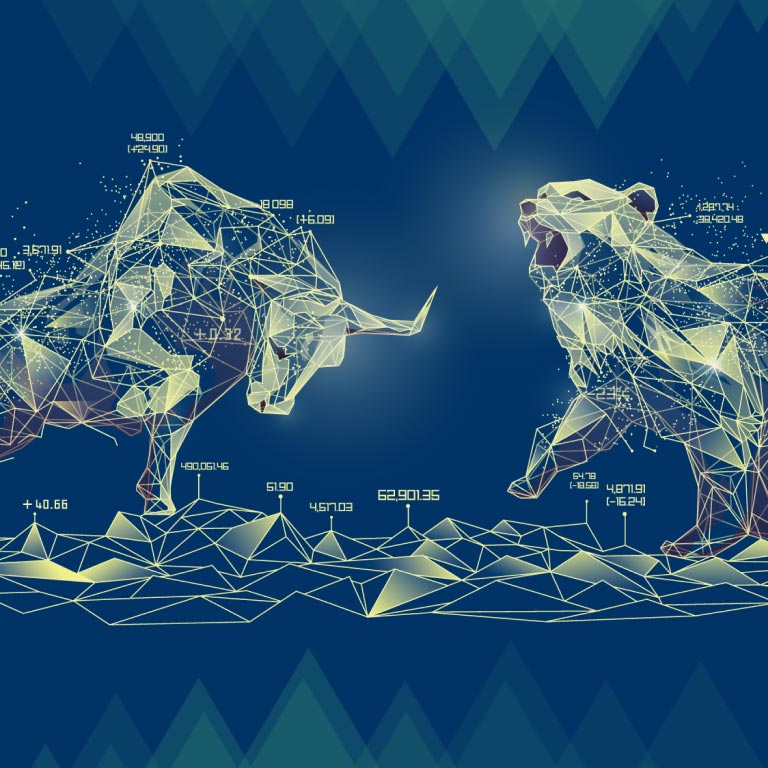 Navy blue and gold illustration of a bull and bear representing the bull and bear markets.t